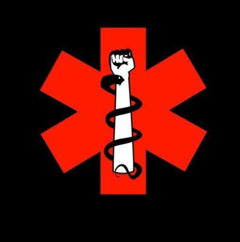 Screen Shot 2025-07-10 at 7.29.34 AM A red Star of Life symbol on a black background, with a white clenched fist wrapped by a black snake in the center, symbolizing radical care or protest medicine.